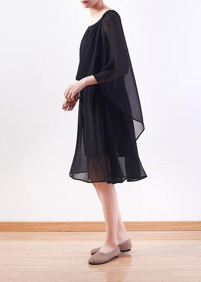 Bohemian black chiffon Long Shirts Indian Shirts tie waist long summer Dresses - SooLinen