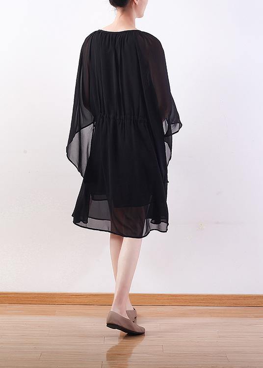 Bohemian black chiffon Long Shirts Indian Shirts tie waist long summer Dresses - SooLinen