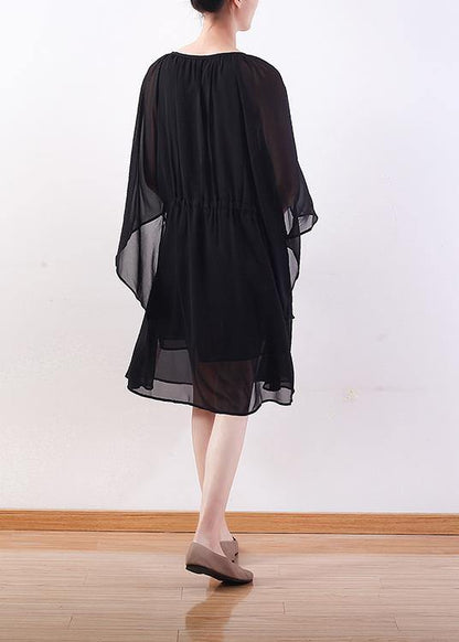 Bohemian black chiffon Long Shirts Indian Shirts tie waist long summer Dresses - SooLinen