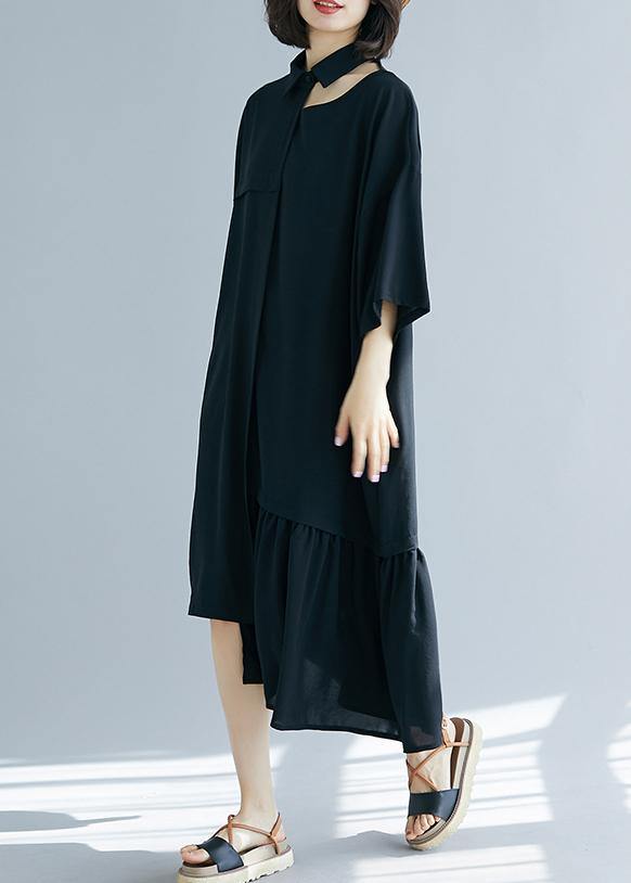 Bohemian black clothes lapel asymmetric cotton summer Dress - SooLinen