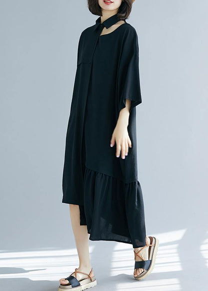 Bohemian black clothes lapel asymmetric cotton summer Dress - SooLinen