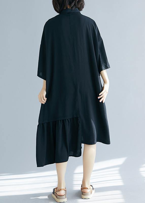 Bohemian black clothes lapel asymmetric cotton summer Dress - SooLinen