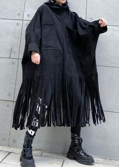 Bohemian black cotton Tunics tassel Plus Size half high neck Dress - SooLinen