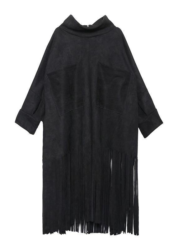 Bohemian black cotton Tunics tassel Plus Size half high neck Dress - SooLinen