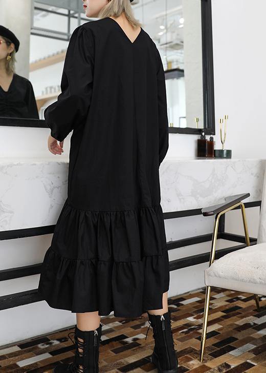 Bohemian black cotton clothes For Women Ruffles Cinched Plus Size v neck Dress - SooLinen