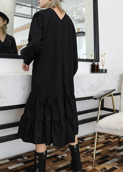 Bohemian black cotton clothes For Women Ruffles Cinched Plus Size v neck Dress - SooLinen