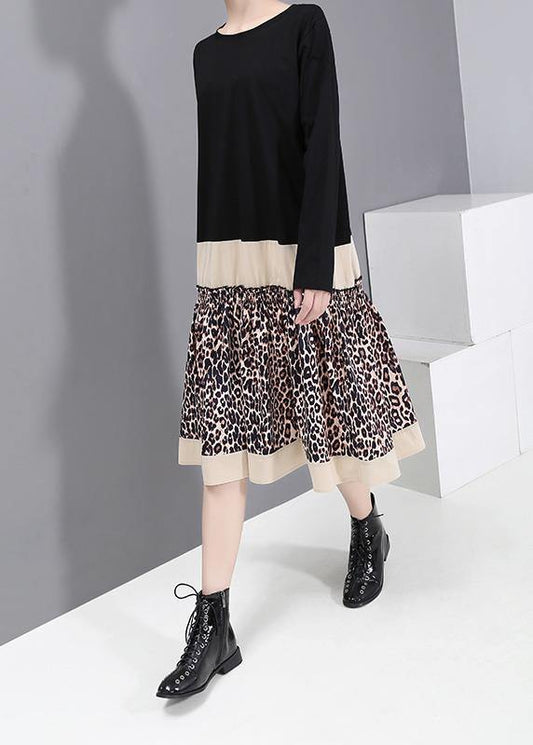 Bohemian black cotton tunic pattern o neck long patchwork Dresses - SooLinen