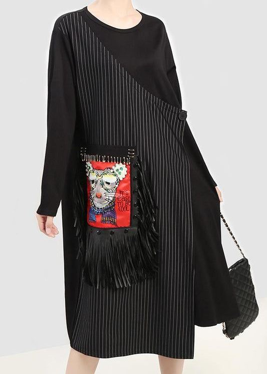 Bohemian black cotton tunic top asymmetric cotton prints tassel Dress - SooLinen