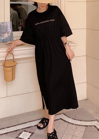 Bohemian black o neck cotton Long Shirts drawstring A Line summer Dress - SooLinen