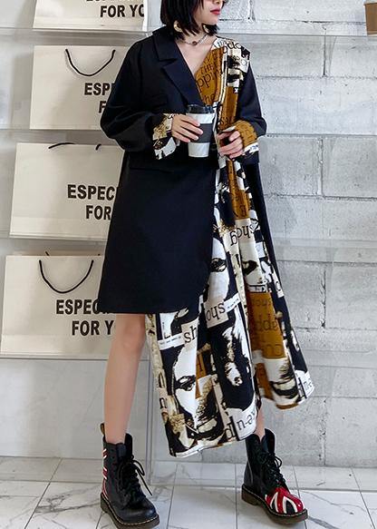 Bohemian black patchwork Letter outfit Notched asymmetric oversized Dress - SooLinen