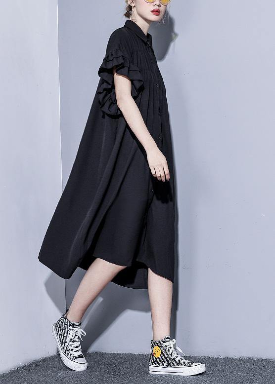 Bohemian black tunics for women lapel asymmetric cotton summer Dress - SooLinen