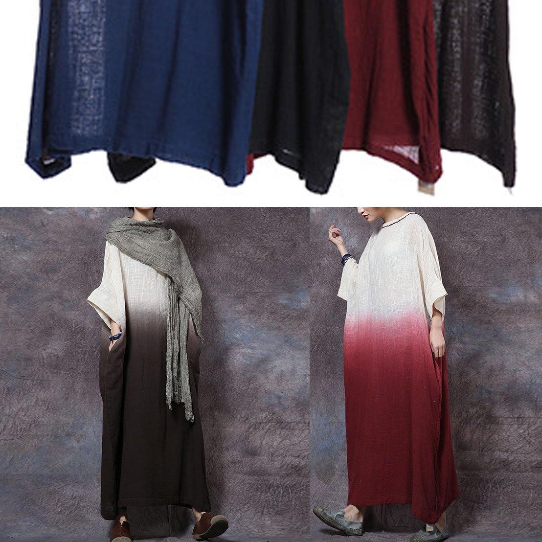Bohemian blue linen cotton clothes gradient color Maxi summer Dresses - SooLinen