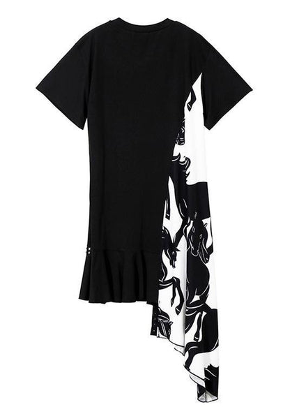 Bohemian cotton dresses plus size Summer Fashion Short Sleeve Irregular Dress - SooLinen