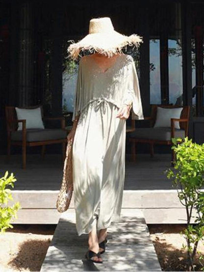 Bohemian gray cotton Tunics v neck drawstring loose Dress - SooLinen