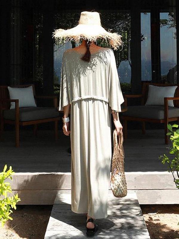 Bohemian gray cotton Tunics v neck drawstring loose Dress - SooLinen