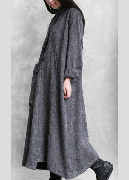 Bohemian gray linen clothes For Women stand collar asymmetric loose Dresses - SooLinen