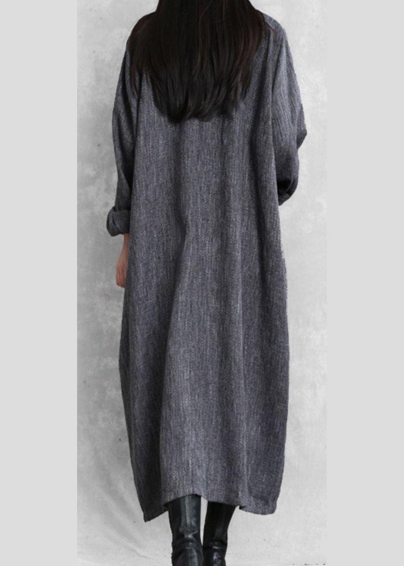 Bohemian gray linen clothes For Women stand collar asymmetric loose Dresses - SooLinen