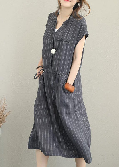 Bohemian gray striped linen clothes For Women v neck drawstring Maxi summer Dresses - SooLinen