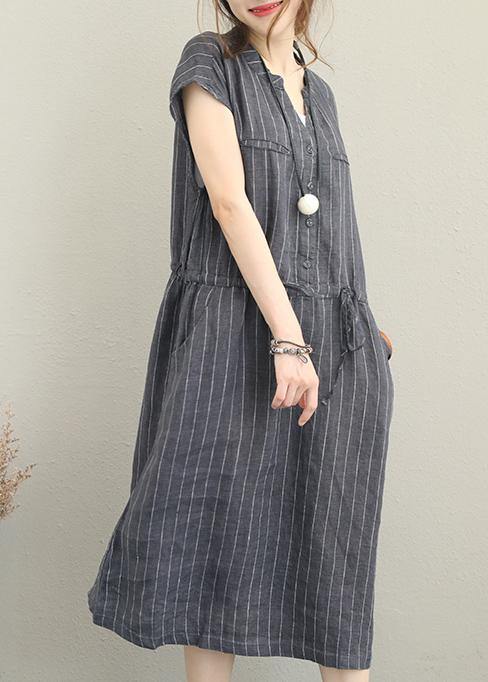 Bohemian gray striped linen clothes For Women v neck drawstring Maxi summer Dresses - SooLinen