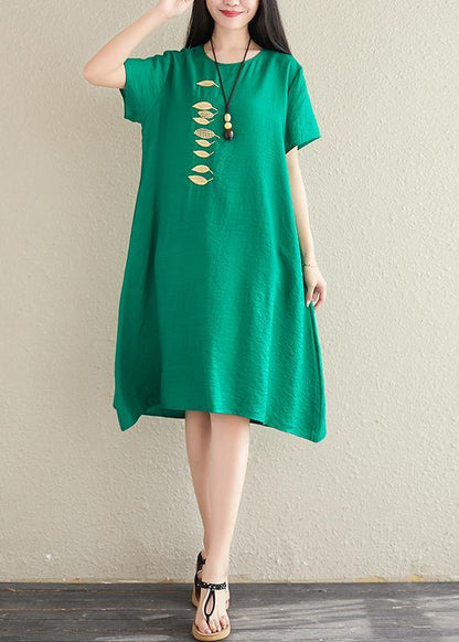 Bohemian green cotton linen clothes o neck embroidery tunic summer Dress - SooLinen
