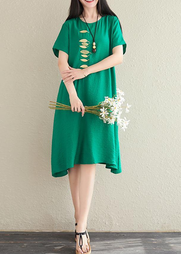Bohemian green cotton linen clothes o neck embroidery tunic summer Dress - SooLinen