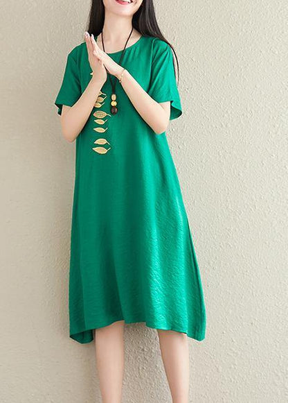 Bohemian green cotton linen clothes o neck embroidery tunic summer Dress - SooLinen
