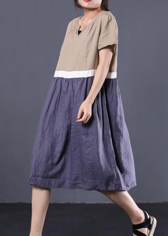 Bohemian khaki v neck linen clothes patchwork color long summer Dress - SooLinen