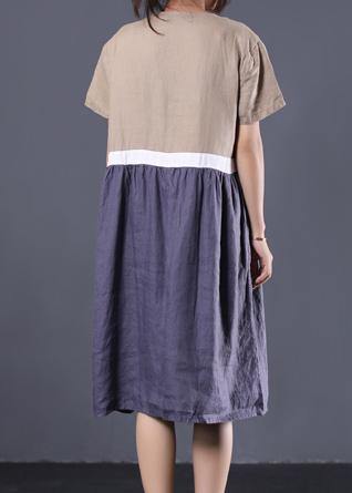 Bohemian khaki v neck linen clothes patchwork color long summer Dress - SooLinen