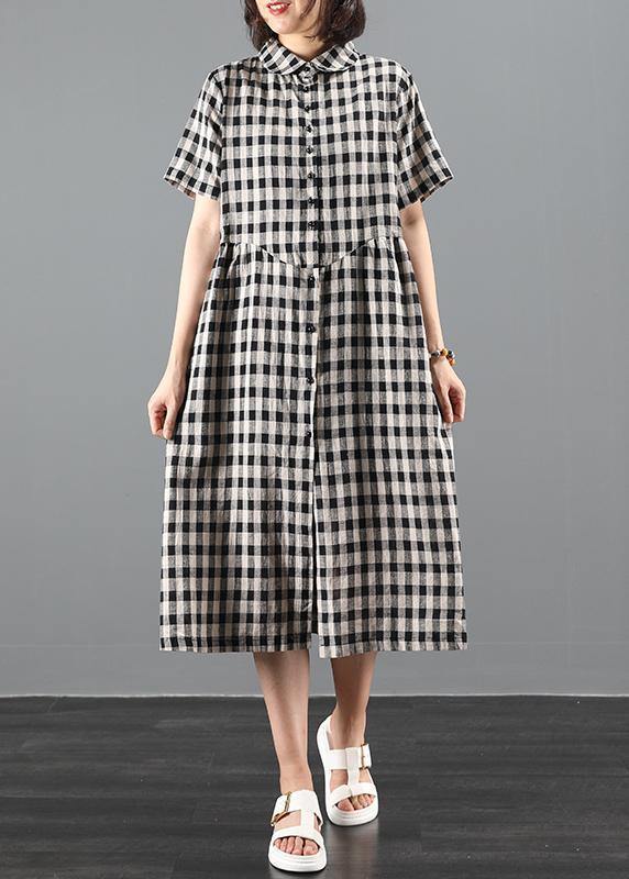 Bohemian lapel Cinched summer dress Work black plaid Maxi Dresses - SooLinen