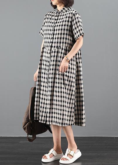 Bohemian lapel Cinched summer dress Work black plaid Maxi Dresses - SooLinen