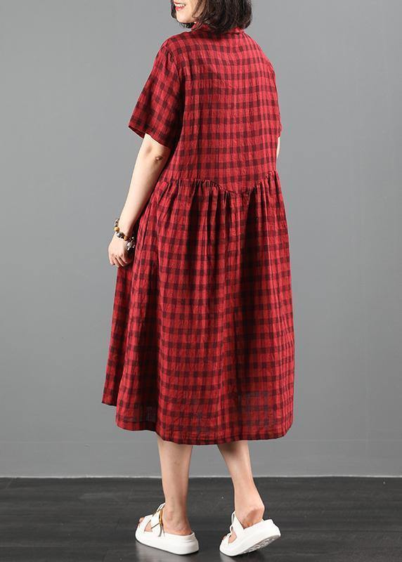 Bohemian lapel Cinched summer dress Work black plaid Maxi Dresses - SooLinen