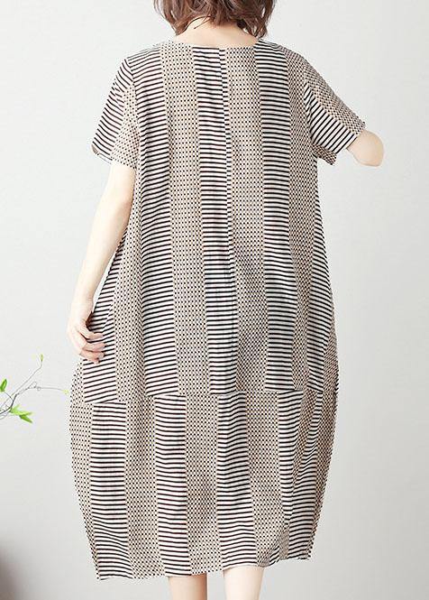 Bohemian light khaki striped Cotton tunics for women o neck patchwork cotton summer Dress - SooLinen