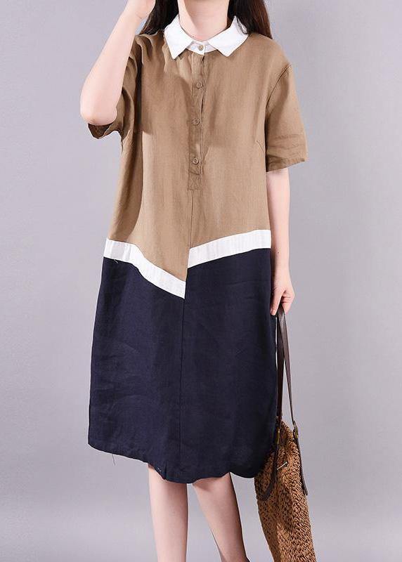 Bohemian linen clothes For Women Fitted Ramie Casual Polo Collar Short Sleeve A-Line Dress - SooLinen