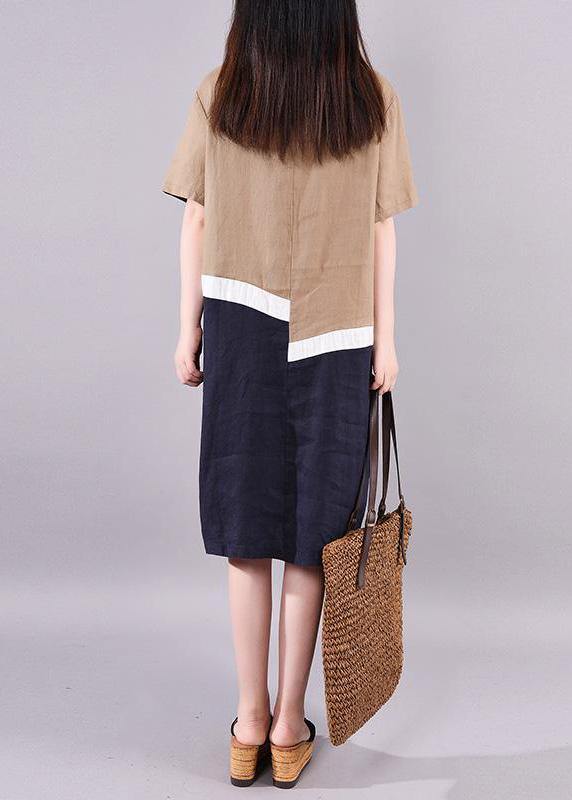 Bohemian linen clothes For Women Fitted Ramie Casual Polo Collar Short Sleeve A-Line Dress - SooLinen