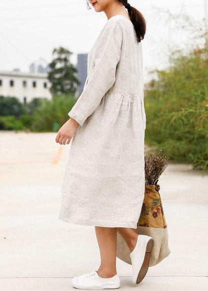 Bohemian linen outfit boutique Long Sleeve Jacquard Beige Pleat Dress