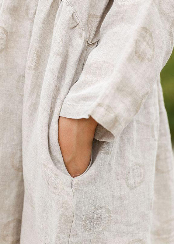 Bohemian linen outfit boutique Long Sleeve Jacquard Beige Pleat Dress
