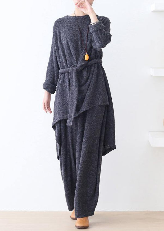 Bohemian o neck asymmetric tunic top Outfits gray shirts - SooLinen