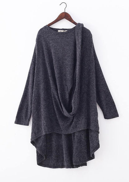 Bohemian o neck asymmetric tunic top Outfits gray shirts - SooLinen