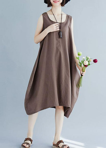 Bohemian o neck linen quilting dresses Fashion Ideas khaki sleeveless Dress summer - SooLinen