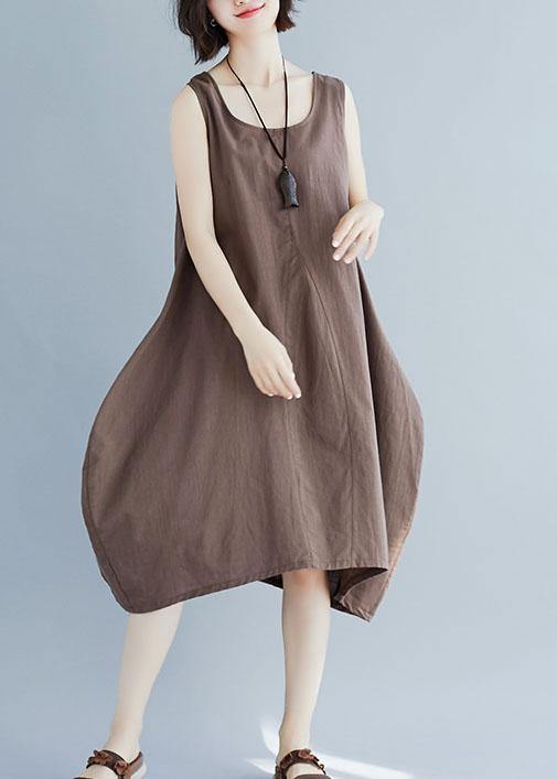 Bohemian o neck linen quilting dresses Fashion Ideas khaki sleeveless Dress summer - SooLinen