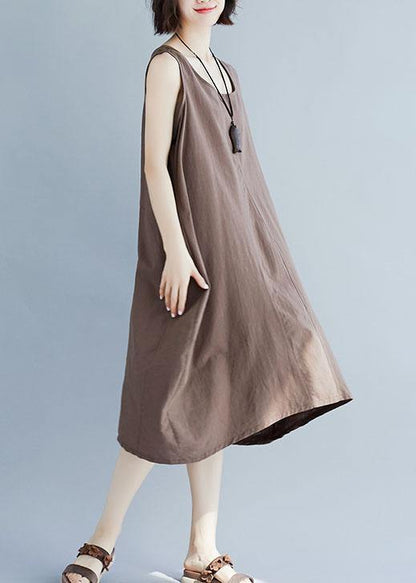 Bohemian o neck linen quilting dresses Fashion Ideas khaki sleeveless Dress summer - SooLinen