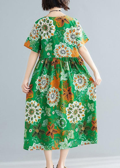 Bohemian o neck patchwork cotton green print Plus Size Dresses summer - SooLinen