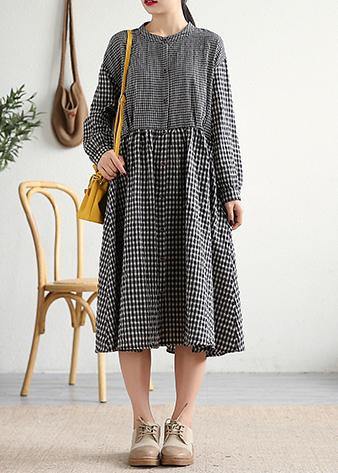 Bohemian o neck patchwork cotton linen Long Shirts Work Outfits black plaid Dress - SooLinen