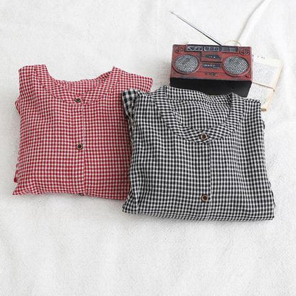 Bohemian o neck patchwork cotton linen Long Shirts Work Outfits black plaid Dress - SooLinen