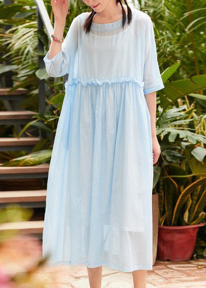 Bohemian o neck patchwork linen cotton clothes Catwalk light blue Dress summer - SooLinen