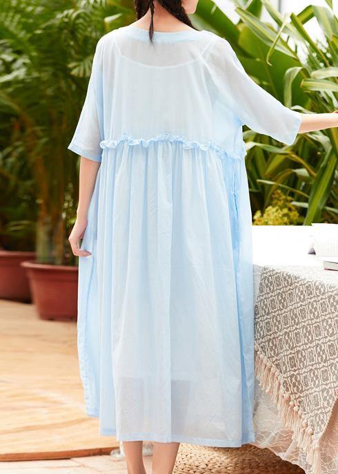 Bohemian o neck patchwork linen cotton clothes Catwalk light blue Dress summer - SooLinen