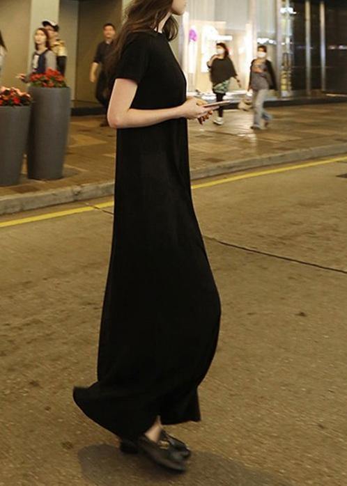 Bohemian o neck pockets cotton summer Tunic Neckline black Maxi Dress