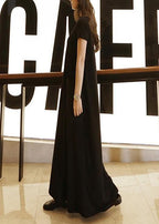 Bohemian o neck pockets cotton summer Tunic Neckline black Maxi Dress