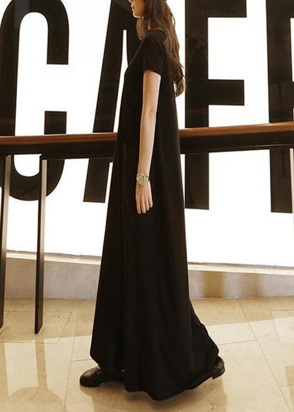Bohemian o neck pockets cotton summer Tunic Neckline black Maxi Dress