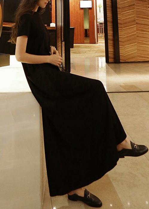 Bohemian o neck pockets cotton summer Tunic Neckline black Maxi Dress